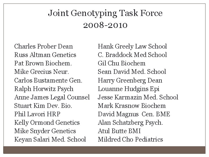 Joint Genotyping Task Force 2008 -2010 Charles Prober Dean Russ Altman Genetics Pat Brown