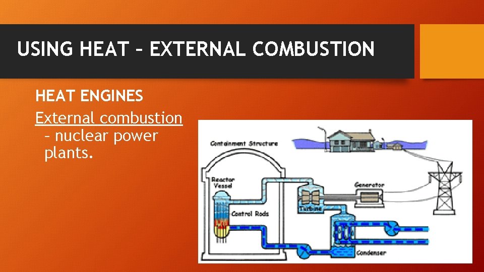 USING HEAT – EXTERNAL COMBUSTION HEAT ENGINES External combustion – nuclear power plants. 