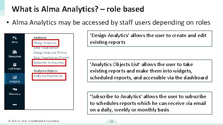 What is Alma Analytics? – role based • Alma Analytics may be accessed by