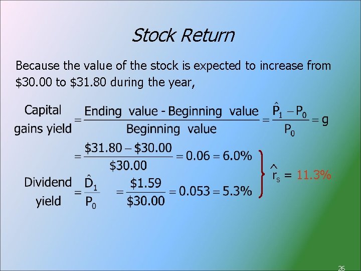 Stock Return Because the value of the stock is expected to increase from $30.