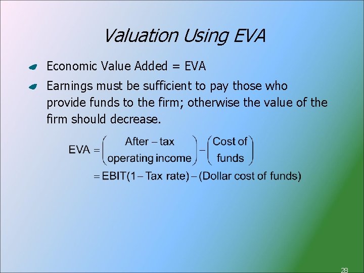 Valuation Using EVA Economic Value Added = EVA Earnings must be sufficient to pay