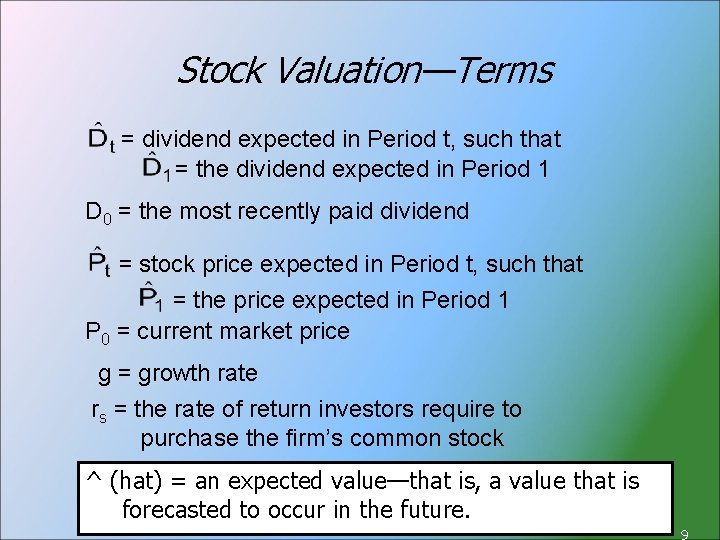 Stock Valuation—Terms = dividend expected in Period t, such that = the dividend expected