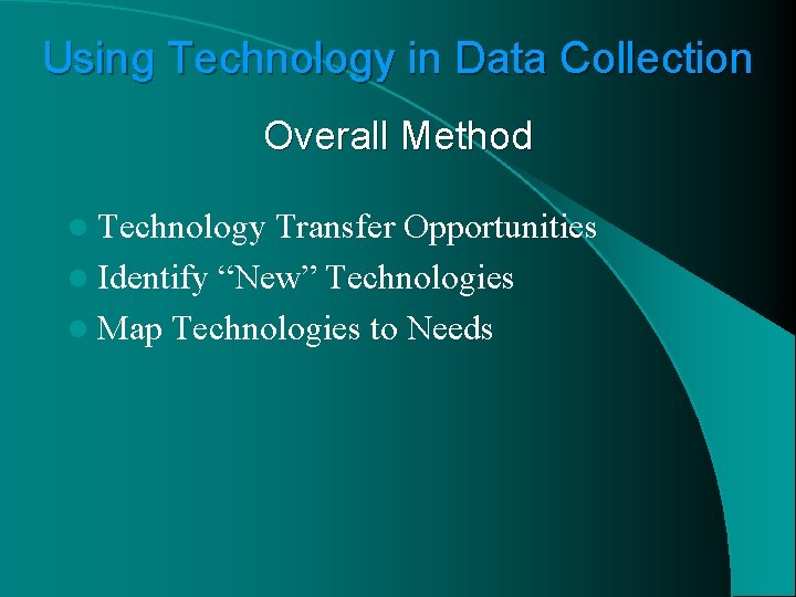 Using Technology in Data Collection Overall Method l Technology Transfer Opportunities l Identify “New”
