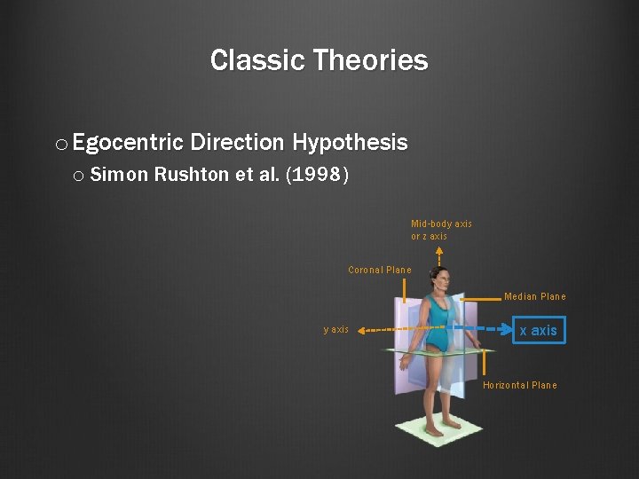 Classic Theories o Egocentric Direction Hypothesis o Simon Rushton et al. (1998) Mid-body axis