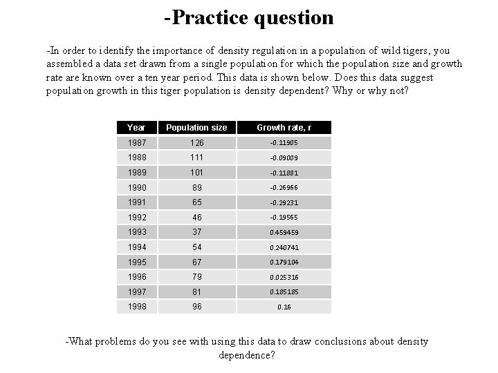-Practice question -In order to identify the importance of density regulation in a population