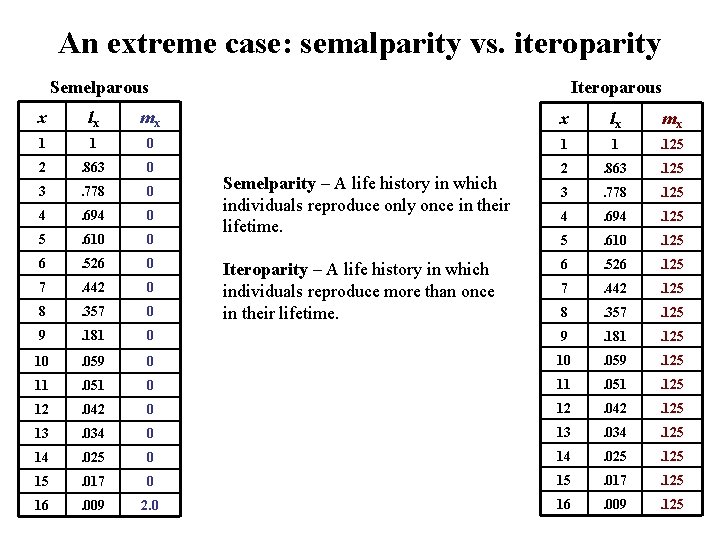 An extreme case: semalparity vs. iteroparity Semelparous Iteroparous x lx mx 1 1 0