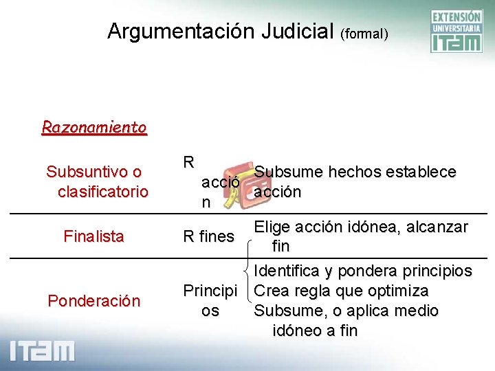 Argumentación Judicial (formal) Razonamiento Subsuntivo o clasificatorio Finalista Ponderación R Subsume hechos establece acción