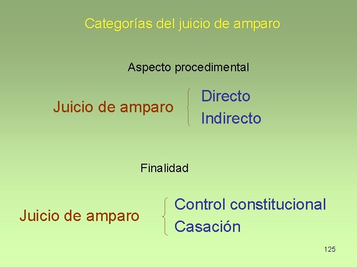 Categorías del juicio de amparo Aspecto procedimental Directo Indirecto Juicio de amparo Finalidad Juicio