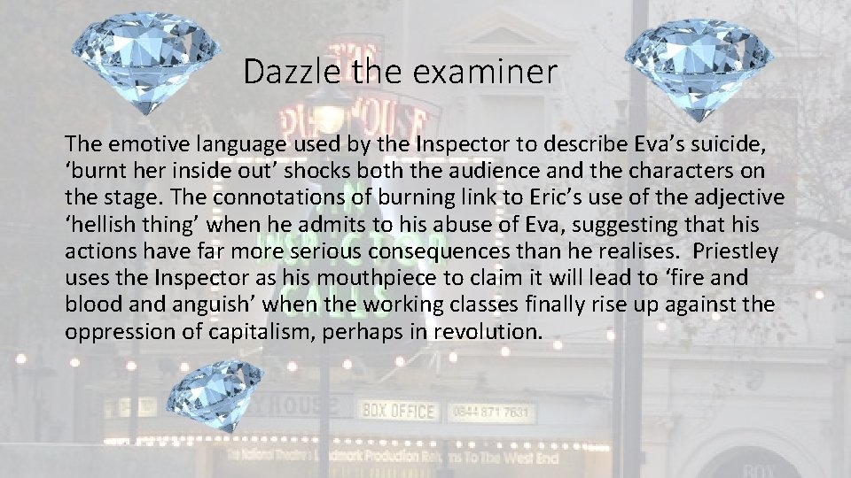 Dazzle the examiner The emotive language used by the Inspector to describe Eva’s suicide,