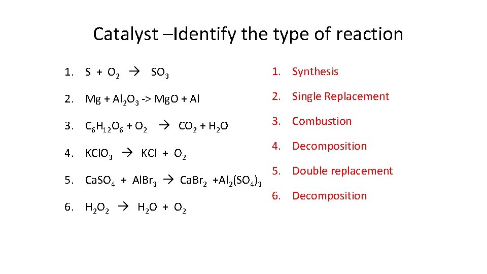 Catalyst –Identify the type of reaction 1. S + O 2 SO 3 1.