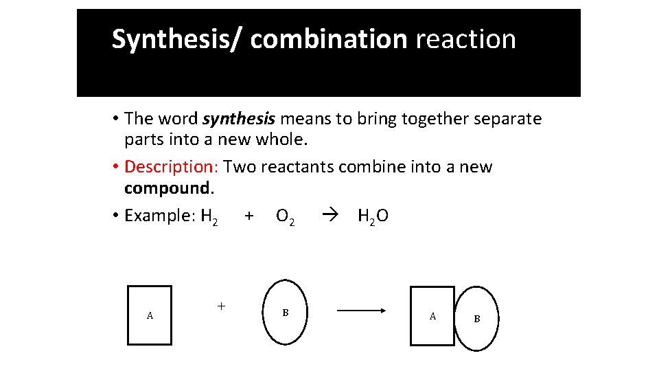 Synthesis/ combination reaction • The word synthesis means to bring together separate parts into