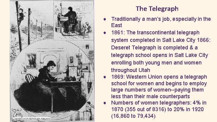 The Telegraph ● Traditionally a man’s job, especially in the East ● 1861: The