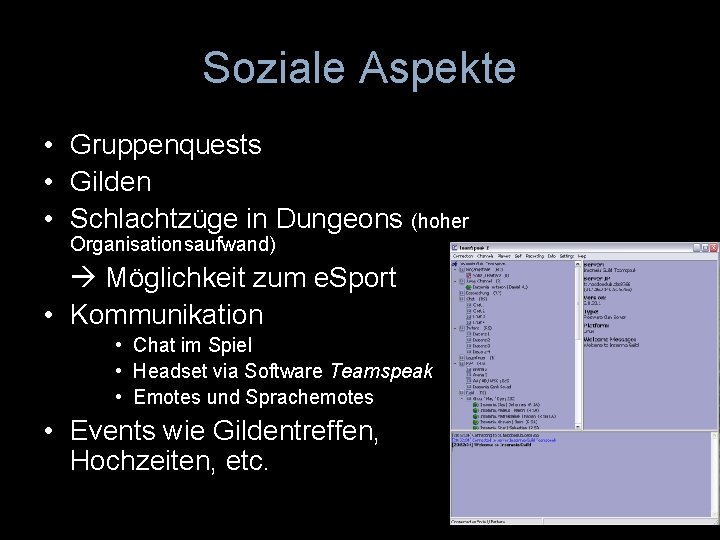 Soziale Aspekte • Gruppenquests • Gilden • Schlachtzüge in Dungeons (hoher Organisationsaufwand) Möglichkeit zum