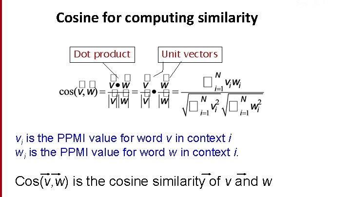 Cosine for computing similarity Dot product Unit vectors vi is the PPMI value for