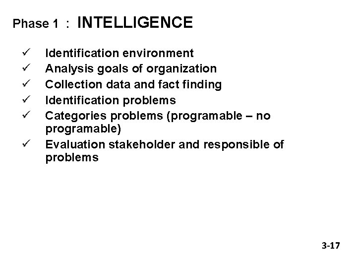 Phase 1 : ü ü ü INTELLIGENCE Identification environment Analysis goals of organization Collection