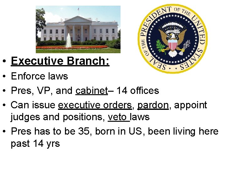  • Executive Branch: • Enforce laws • Pres, VP, and cabinet– 14 offices