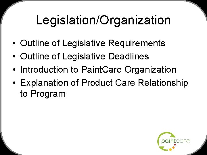 Legislation/Organization • • Outline of Legislative Requirements Outline of Legislative Deadlines Introduction to Paint.