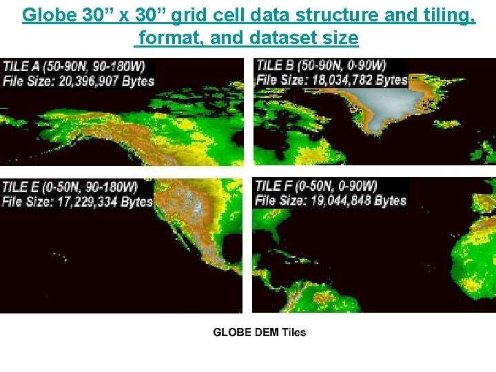 Globe 30” x 30” grid cell data structure and tiling, format, and dataset size