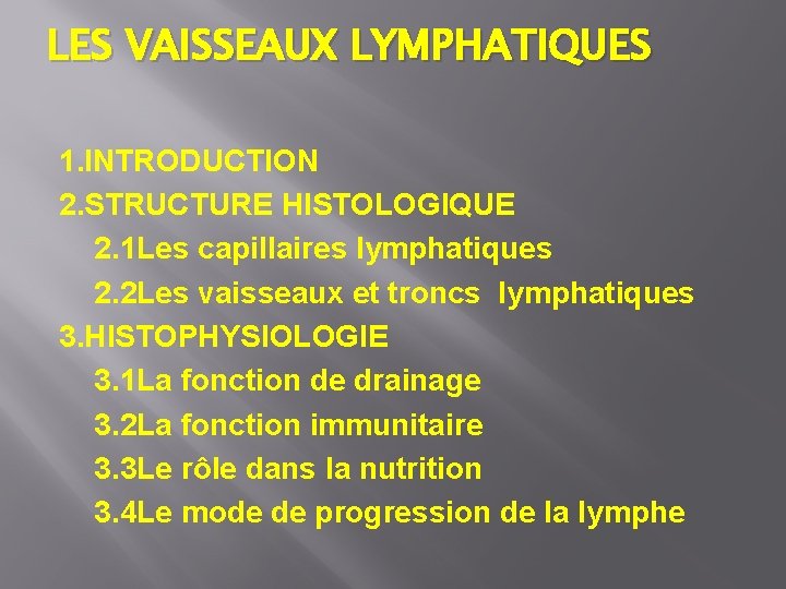 LES VAISSEAUX LYMPHATIQUES 1. INTRODUCTION 2. STRUCTURE HISTOLOGIQUE 2. 1 Les capillaires lymphatiques 2.