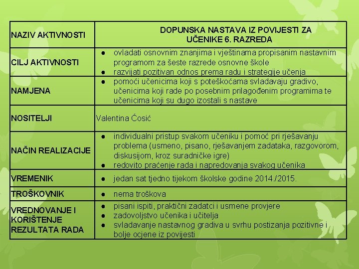 DOPUNSKA NASTAVA IZ POVIJESTI ZA UČENIKE 6. RAZREDA NAZIV AKTIVNOSTI CILJ AKTIVNOSTI NAMJENA NOSITELJI