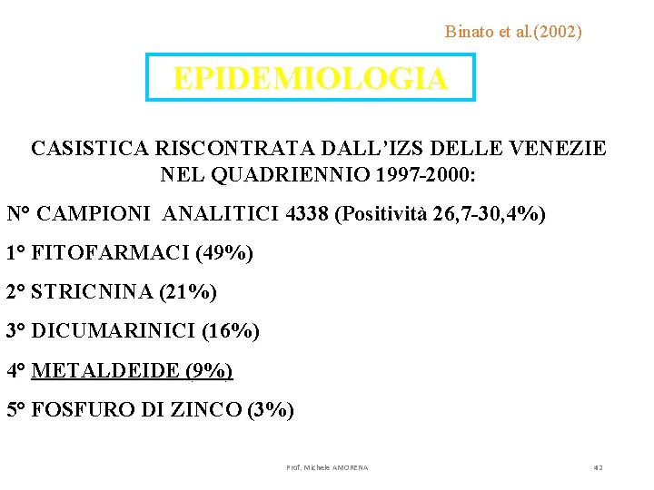 Binato et al. (2002) EPIDEMIOLOGIA CASISTICA RISCONTRATA DALL’IZS DELLE VENEZIE NEL QUADRIENNIO 1997 -2000: