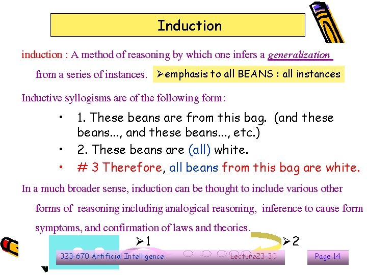 Induction induction : A method of reasoning by which one infers a generalization from