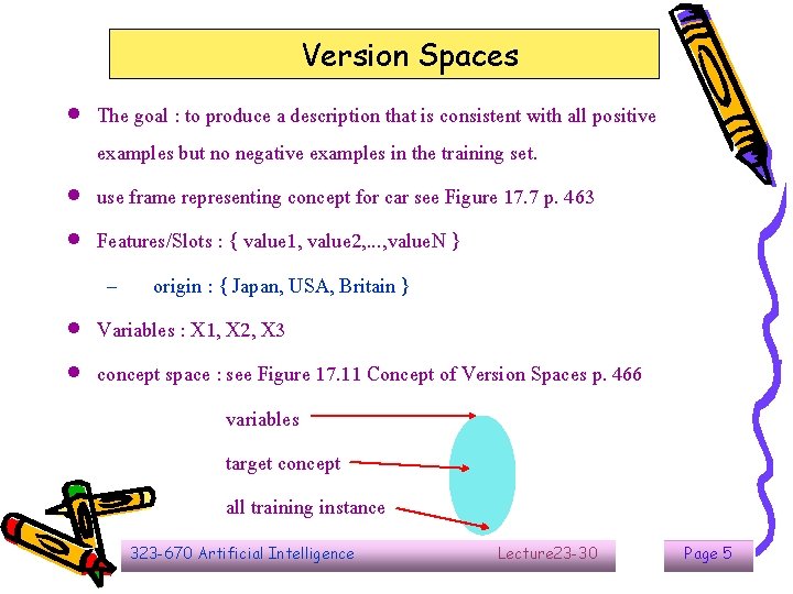 Version Spaces The goal : to produce a description that is consistent with all