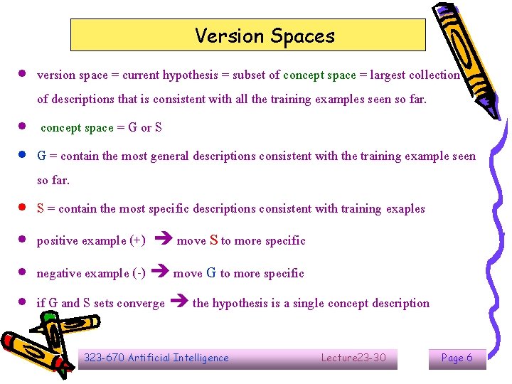 Version Spaces version space = current hypothesis = subset of concept space = largest