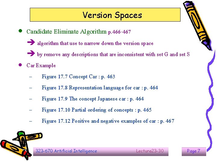 Version Spaces Candidate Eliminate Algorithm p. 466 -467 algorithm that use to narrow down