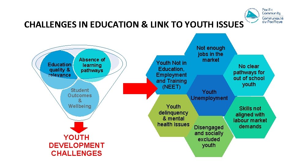 CHALLENGES IN EDUCATION & LINK TO YOUTH ISSUES Education quality & relevance Absence of
