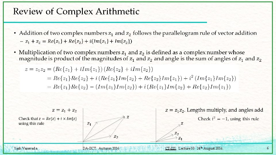 Review of Complex Arithmetic • Yash Vasavada DA-IICT. Autumn 2016 CT-321. Lecture 10: 24