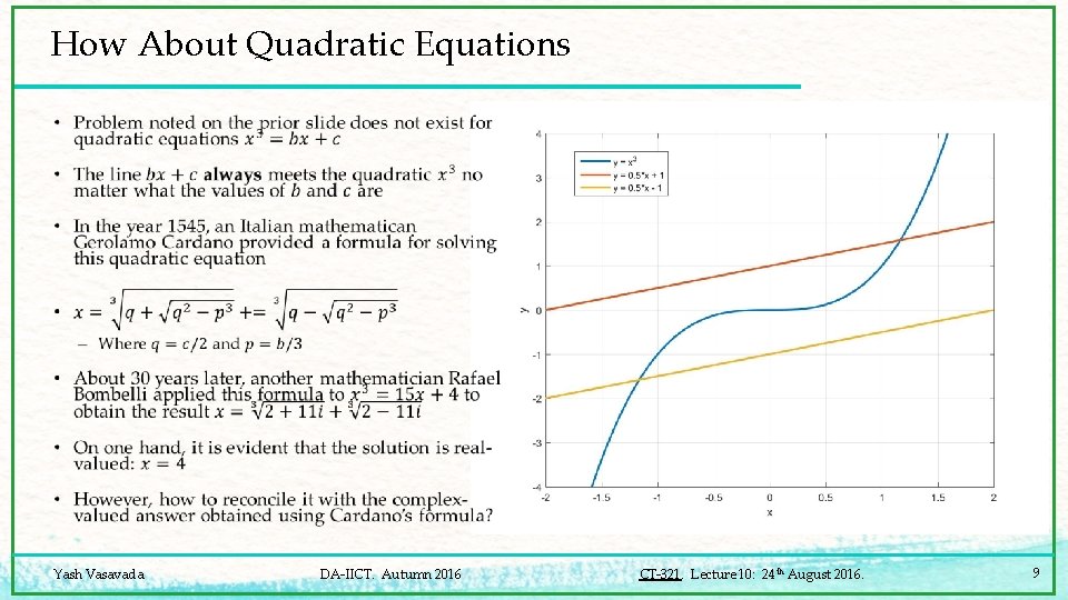 How About Quadratic Equations • Yash Vasavada DA-IICT. Autumn 2016 CT-321. Lecture 10: 24