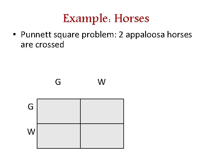 Example: Horses • Punnett square problem: 2 appaloosa horses are crossed G G W