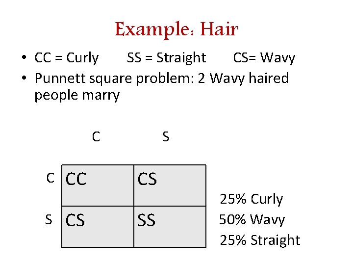 Example: Hair • CC = Curly SS = Straight CS= Wavy • Punnett square