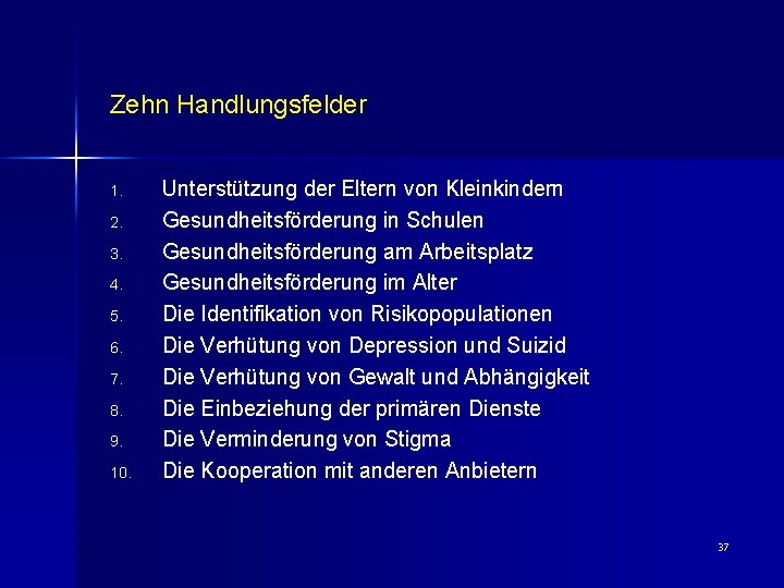 Zehn Handlungsfelder 1. 2. 3. 4. 5. 6. 7. 8. 9. 10. Unterstützung der