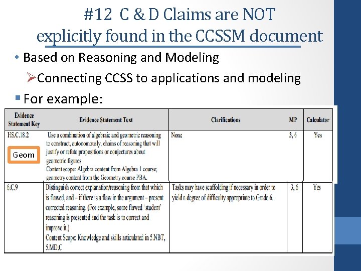 #12 C & D Claims are NOT explicitly found in the CCSSM document •