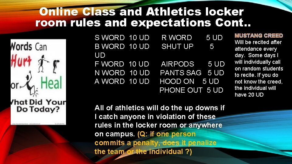 Online Class and Athletics locker room rules and expectations Cont. . S WORD B
