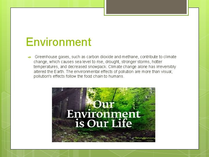 Environment Greenhouse gases, such as carbon dioxide and methane, contribute to climate change, which