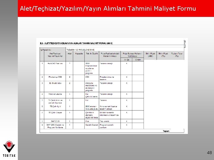 Alet/Teçhizat/Yazılım/Yayın Alımları Tahmini Maliyet Formu 48 