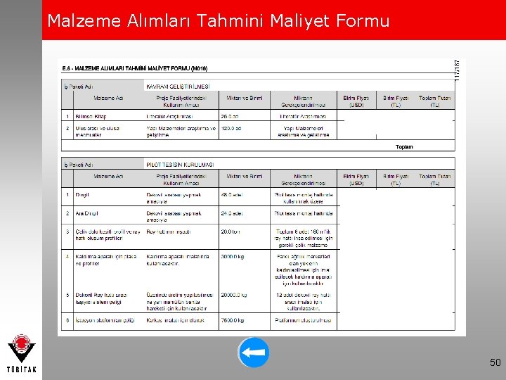 Malzeme Alımları Tahmini Maliyet Formu 50 