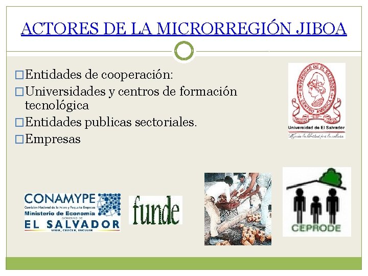 ACTORES DE LA MICRORREGIÓN JIBOA �Entidades de cooperación: �Universidades y centros de formación tecnológica