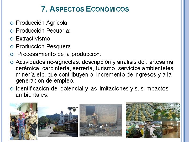 7. ASPECTOS ECONÓMICOS Producción Agrícola Producción Pecuaria: Extractivismo Producción Pesquera Procesamiento de la producción:
