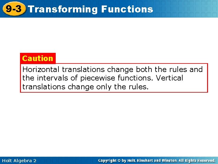 9 -3 Transforming Functions Caution Horizontal translations change both the rules and the intervals