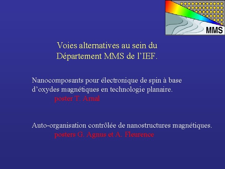 Voies alternatives au sein du Département MMS de l’IEF. Nanocomposants pour électronique de spin