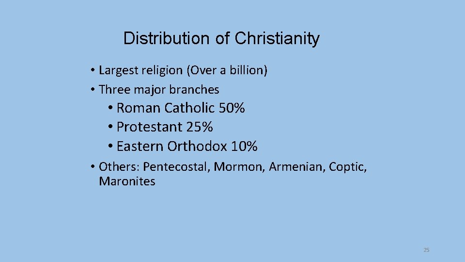 Distribution of Christianity • Largest religion (Over a billion) • Three major branches •