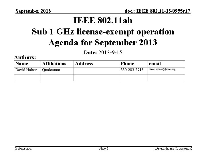 September 2013 doc. : IEEE 802. 11 -13/0955 r 17 IEEE 802. 11 ah