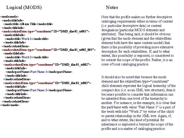 Logical (MODS) <mods: mods> <mods: title. Info> <mods: title>Album Title</mods: title> </mods: title. Info>