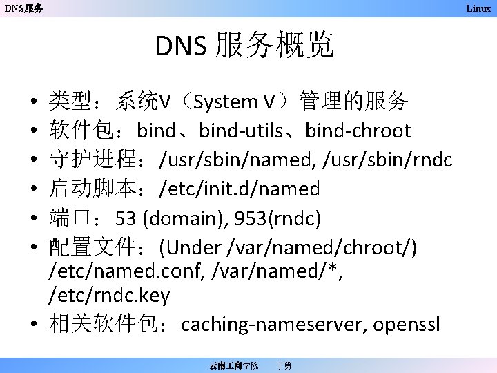 DNS服务 Linux DNS 服务概览 类型：系统V（System V）管理的服务 软件包：bind、bind-utils、bind-chroot 守护进程：/usr/sbin/named, /usr/sbin/rndc 启动脚本：/etc/init. d/named 端口： 53 (domain),