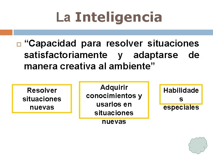 La Inteligencia “Capacidad para resolver situaciones satisfactoriamente y adaptarse de manera creativa al ambiente”