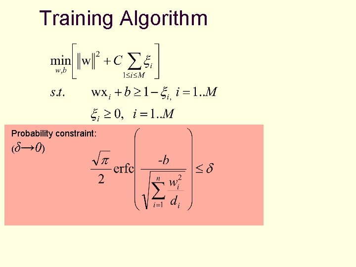 Training Algorithm Probability constraint: (δ→ 0) 